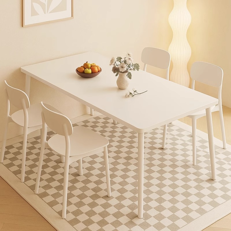 Dining table, small household unit, white cream style dining table, long solid wood legs, large board table, dining kitchen, rental table