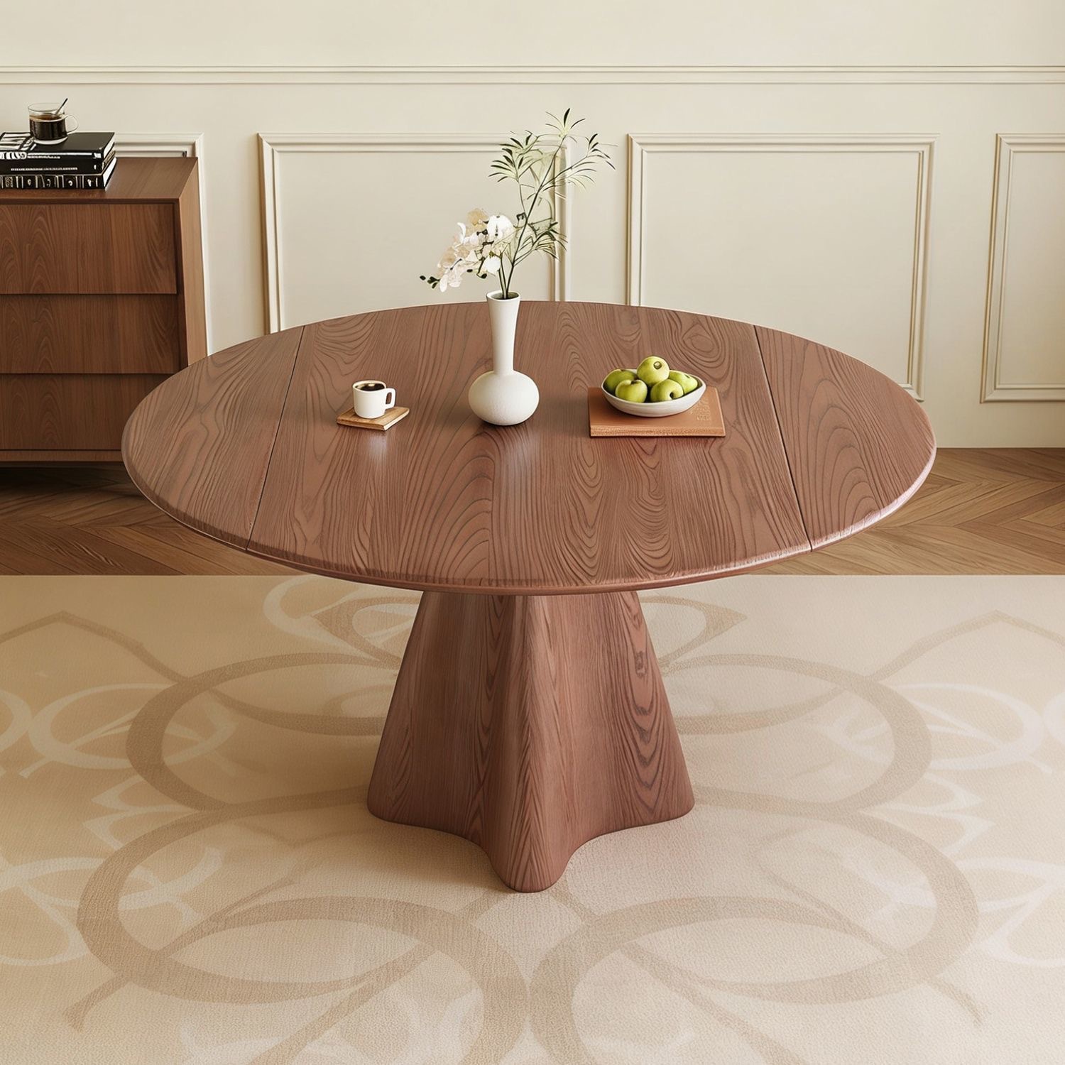 Cave stone rock board solid wood telescopic dining table, circular antique style, household small unit variable round table, wabi sabi folding dining table