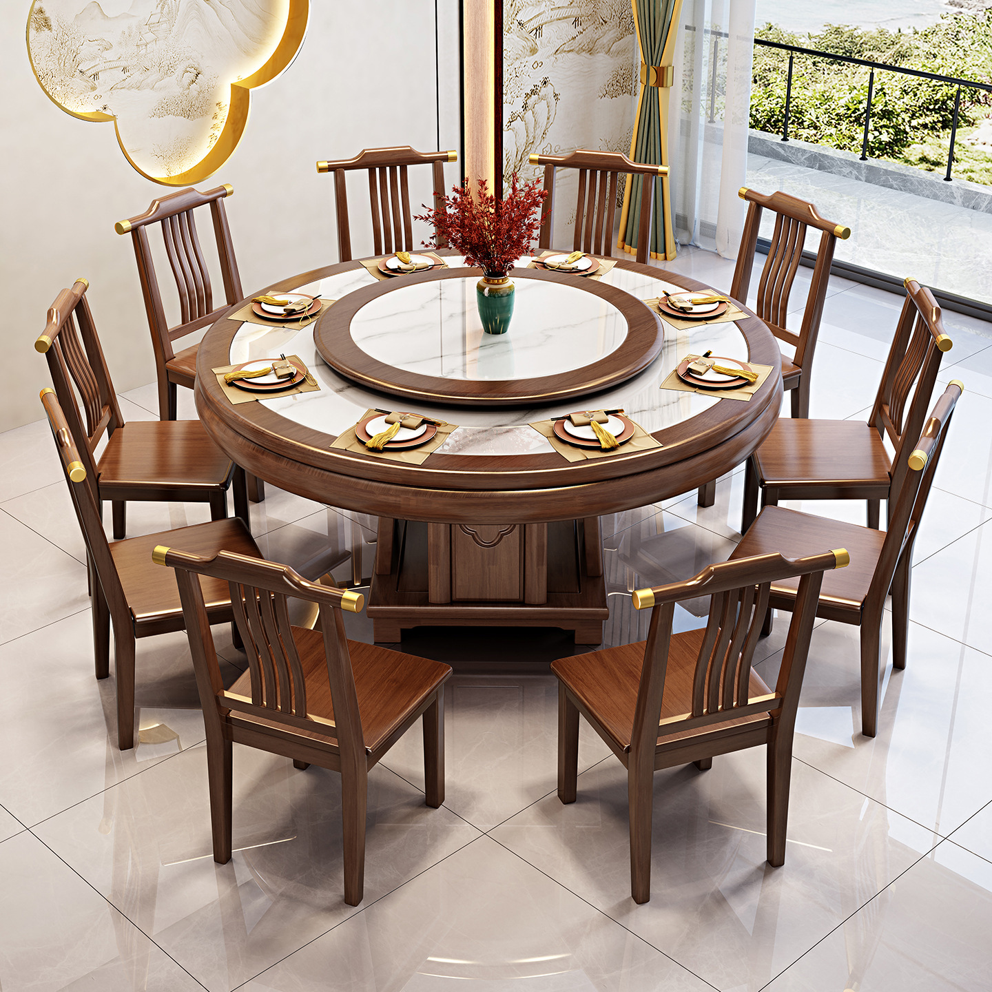New Chinese style rock slab large round table marble dining table and chair combination solid wood circular dining table with large induction cooker function