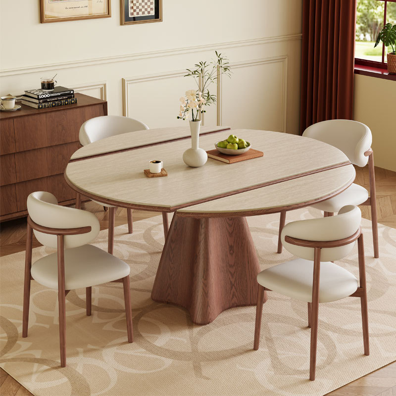Cave stone rock board solid wood telescopic dining table, circular antique style, household small unit variable round table, wabi sabi folding dining table
