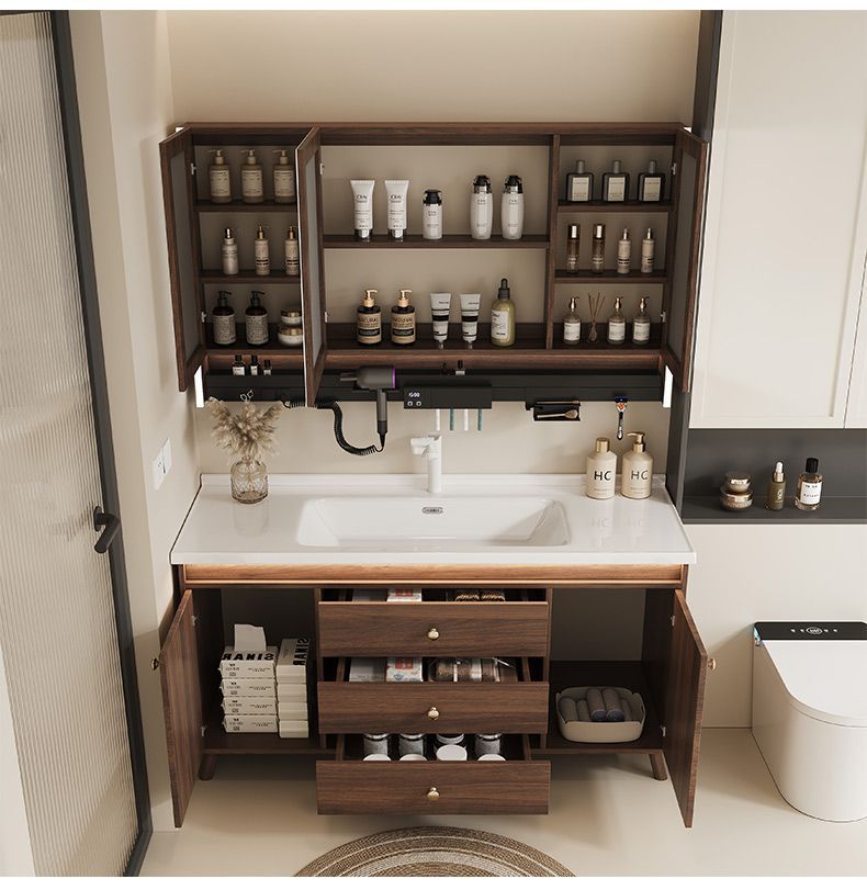 Walnut washbasin, bathroom cabinet, combination bathroom, hand washing and washing ceramic integrated washbasin, new Chinese style