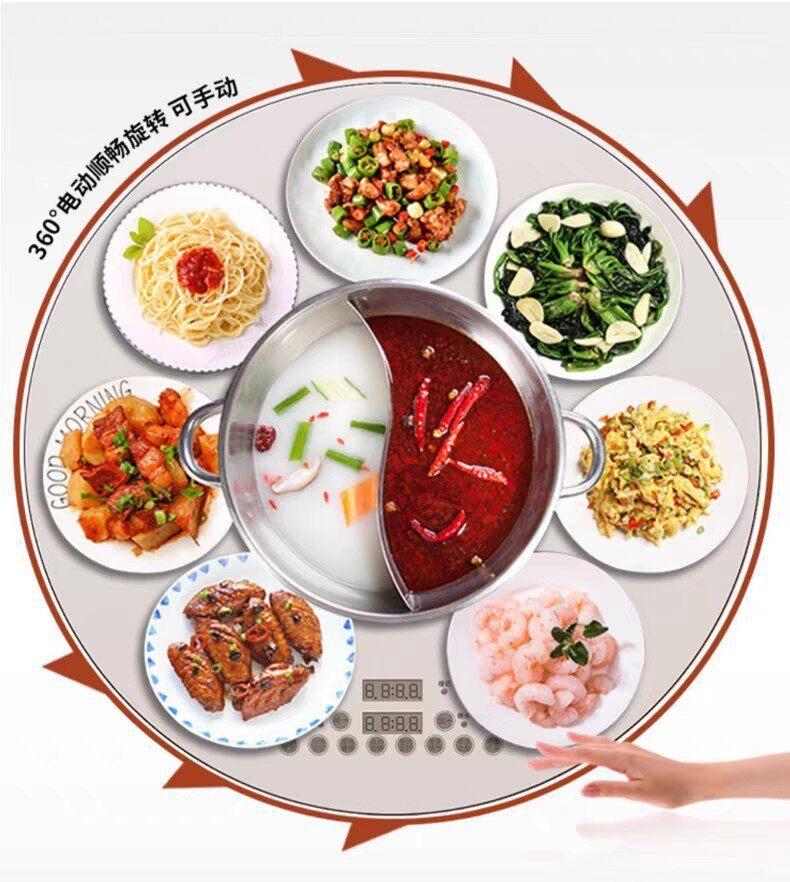 Middle ancient style solid wood rock board jumping table, household embedded warm cutting board, electromagnetic stove, rotatable telescopic dining table