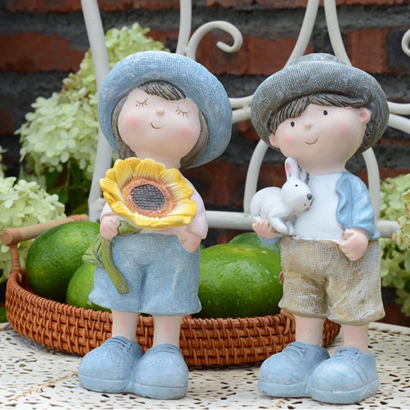 Balcony Cute Garden Doll Ornament Courtyard Home Cartoon Countryside Style Boy and Girl Resin Decorations Desktop