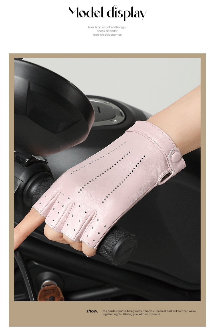 Real leather half finger gloves for women in spring and autumn, thin, breathable, perforated, cycling, motorcycle, road bike, top layer sheepskin