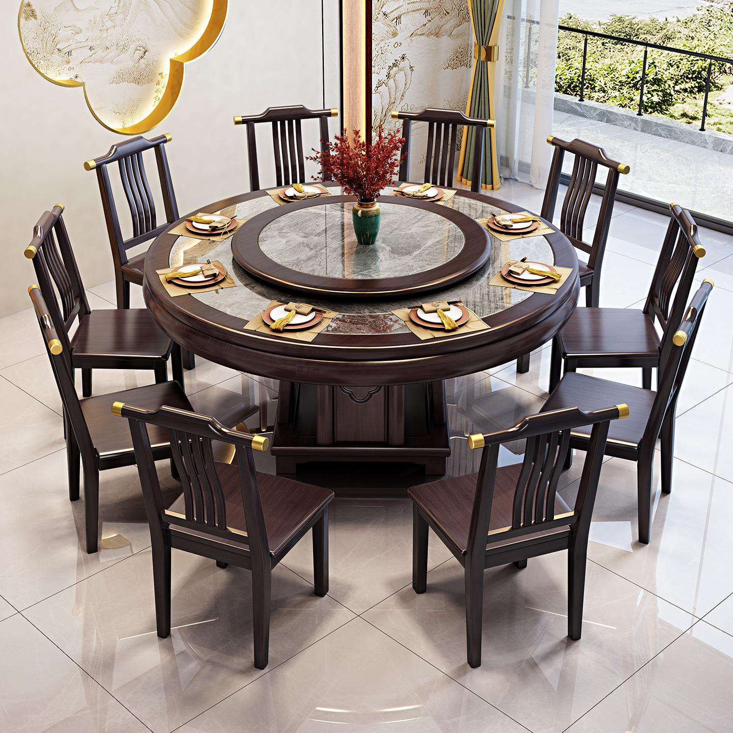 New Chinese style rock slab large round table marble dining table and chair combination solid wood circular dining table with large induction cooker function