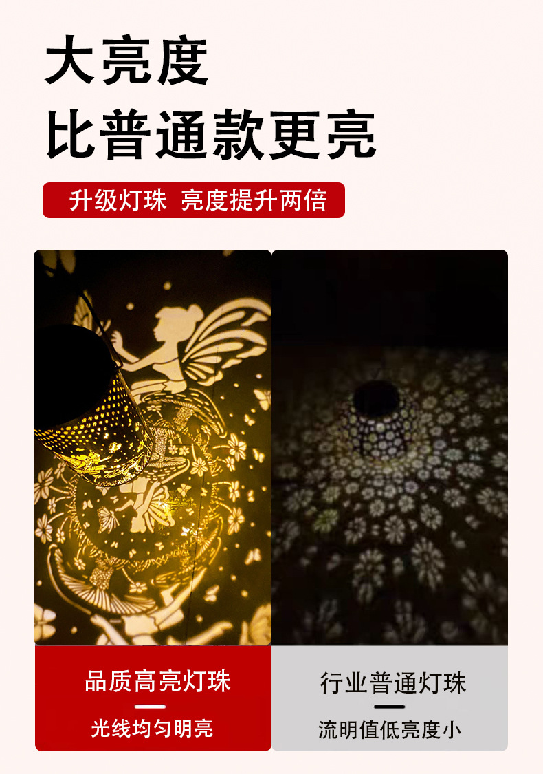 太阳能铁艺灯笼镂空庭院灯3D动态投影定时遥控户外庭院花园装饰灯