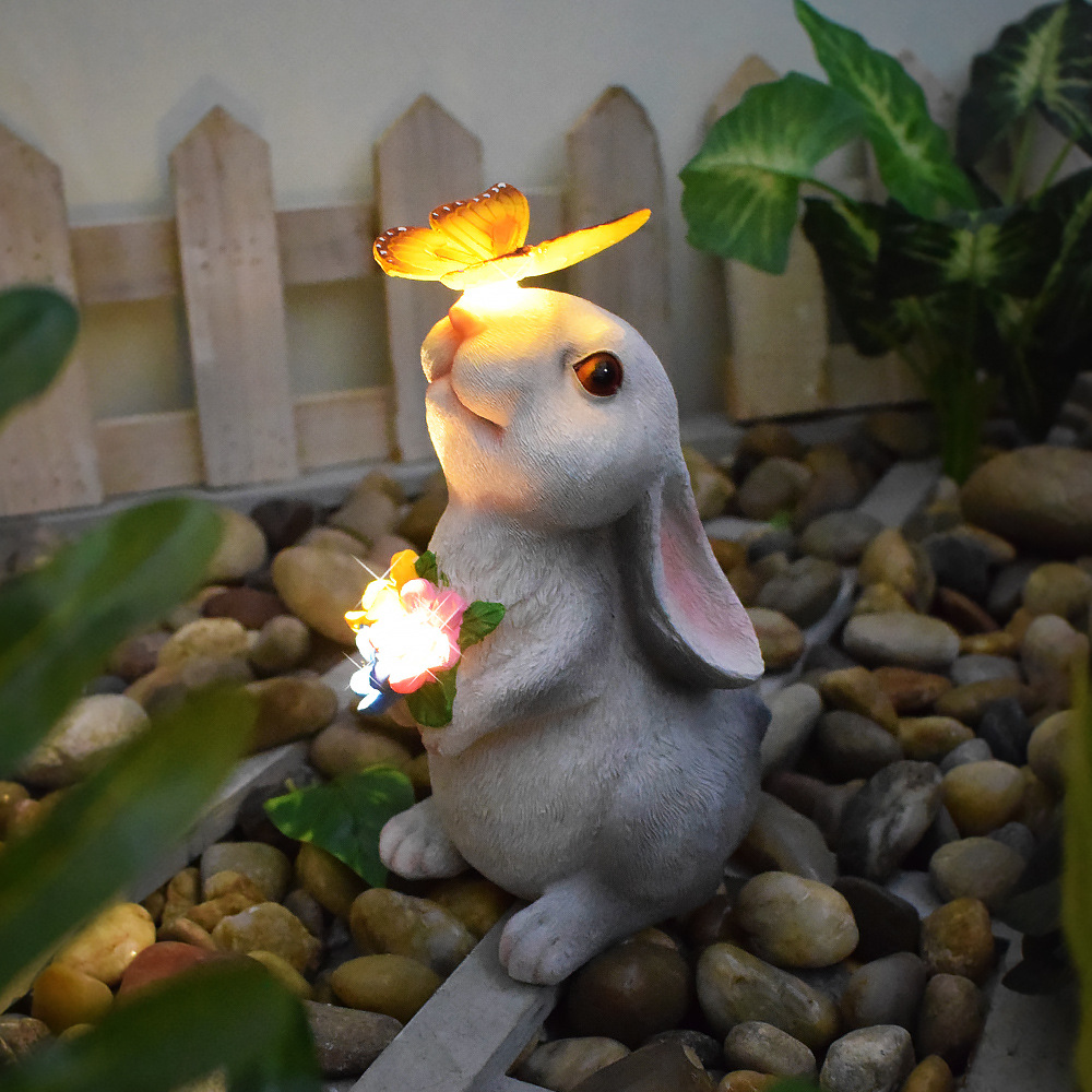 Outdoor solar powered luminous cat and rabbit shaped lamp, creative resin ornament, courtyard landscape garden decoration lamp