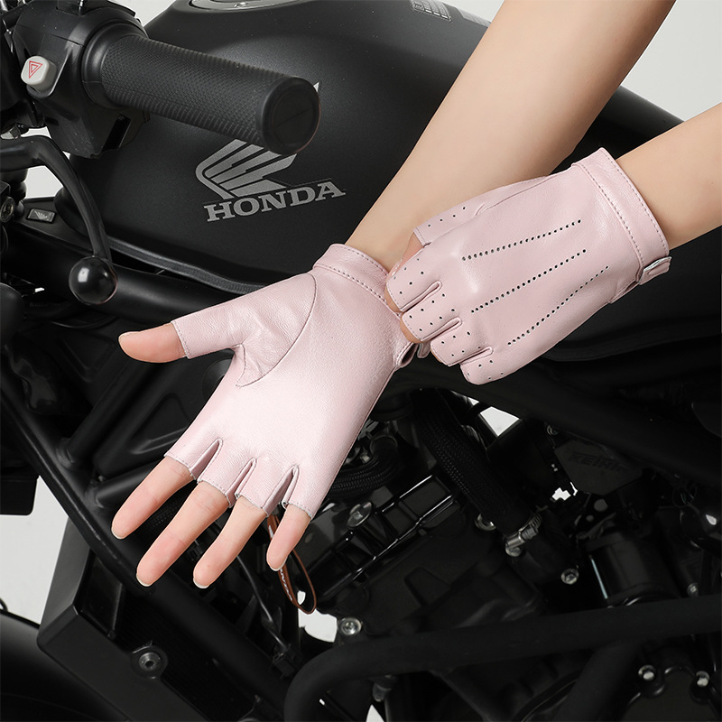 Real leather half finger gloves for women in spring and autumn, thin, breathable, perforated, cycling, motorcycle, road bike, top layer sheepskin