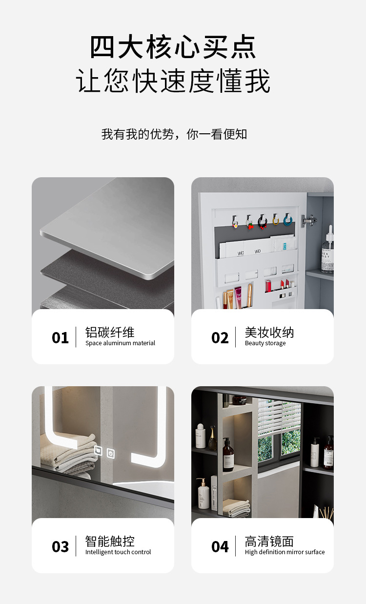 Beauty intelligent bathroom mirror cabinet, single cabinet, thickened wall mounted, intelligent with light and storage integrated mirror cabinet, mirror lens