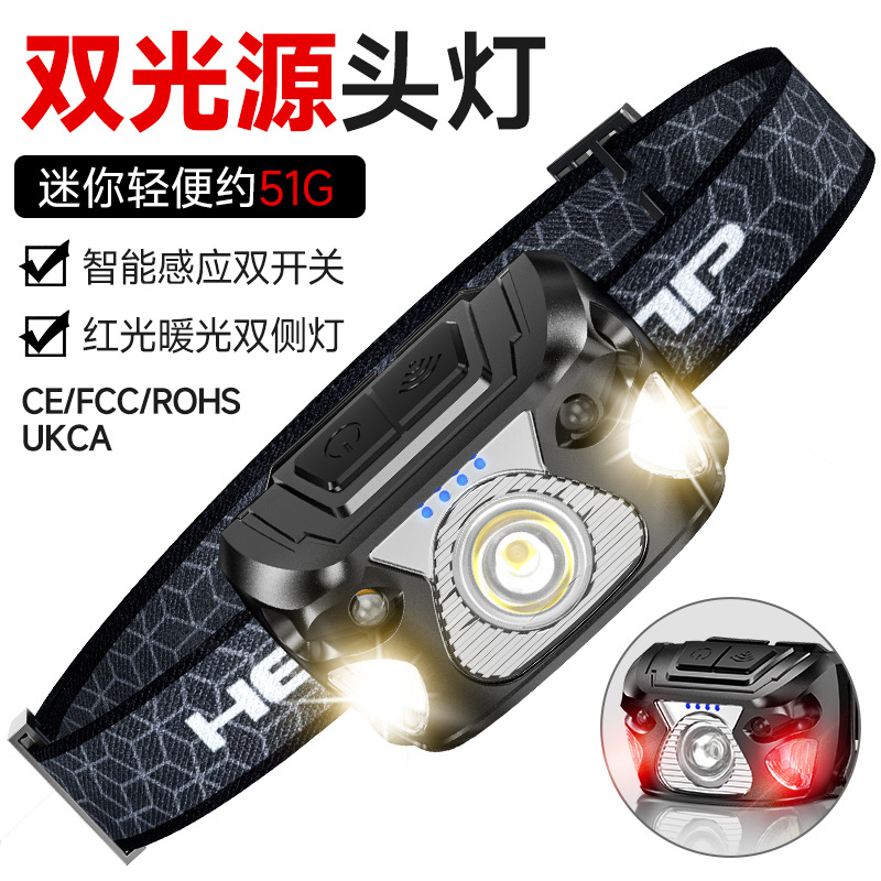 LED induction headlight with long battery life, strong light, USB charging, fishing mini red bald head, wearable outdoor cycling work light
