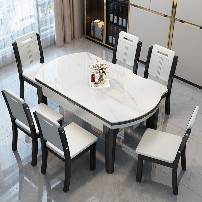 Solid wood rock board dining table and chair combination for small household use, foldable and extendable multifunctional with induction cooker, light luxury and simple design