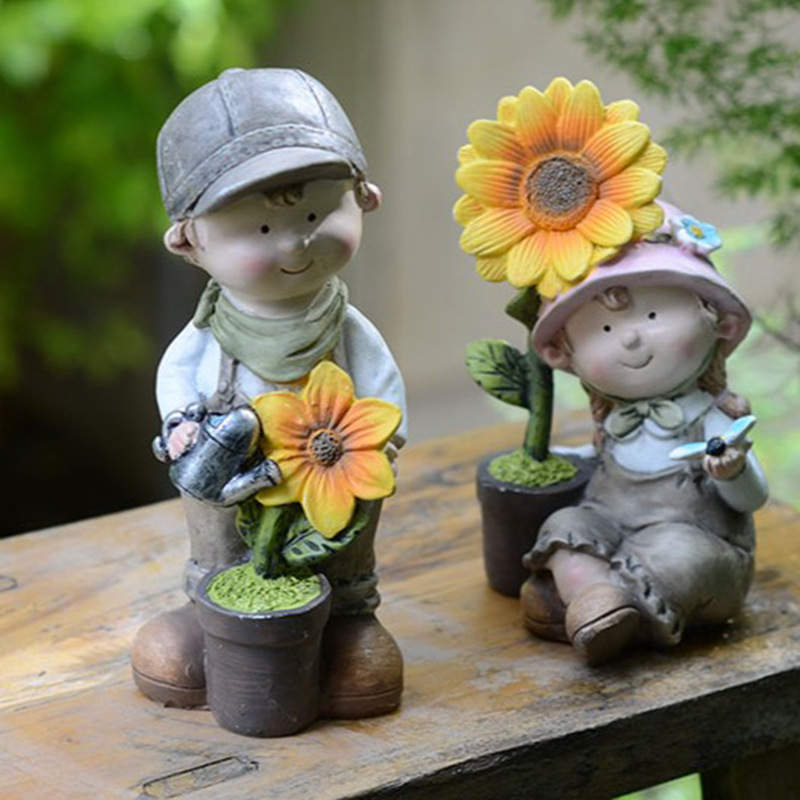 Balcony Cute Garden Doll Ornament Courtyard Home Cartoon Countryside Style Boy and Girl Resin Decorations Desktop