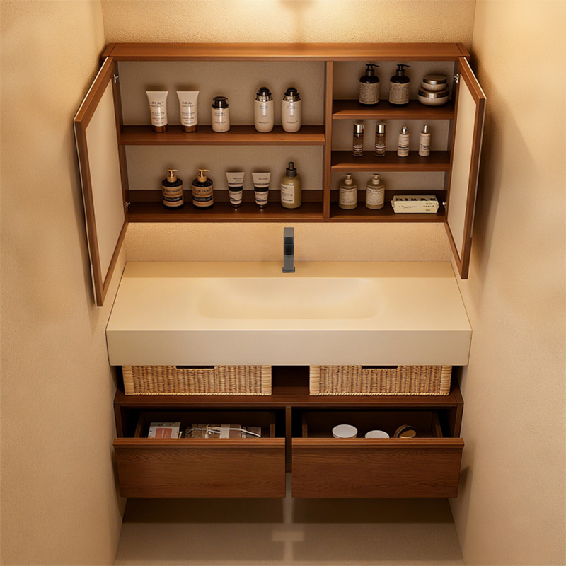 Middle ancient style rock board hot bending integrated basin hotel style bathroom cabinet Moganshan multi-layer solid wood washbasin basin cabinet combination