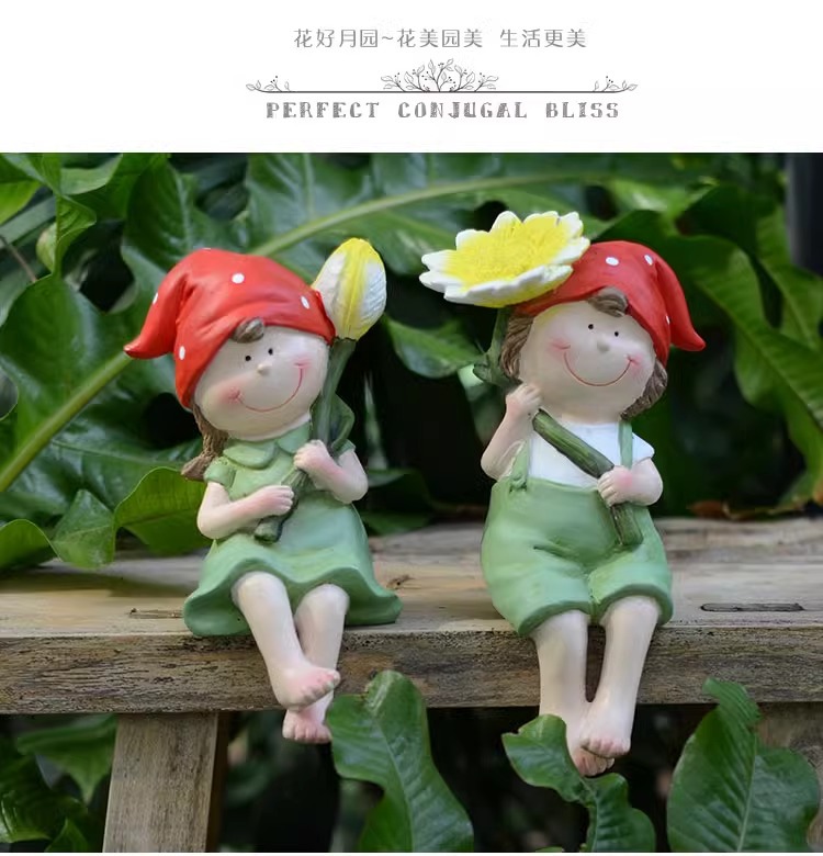 Balcony Cute Garden Doll Ornament Courtyard Home Cartoon Countryside Style Boy and Girl Resin Decorations Desktop