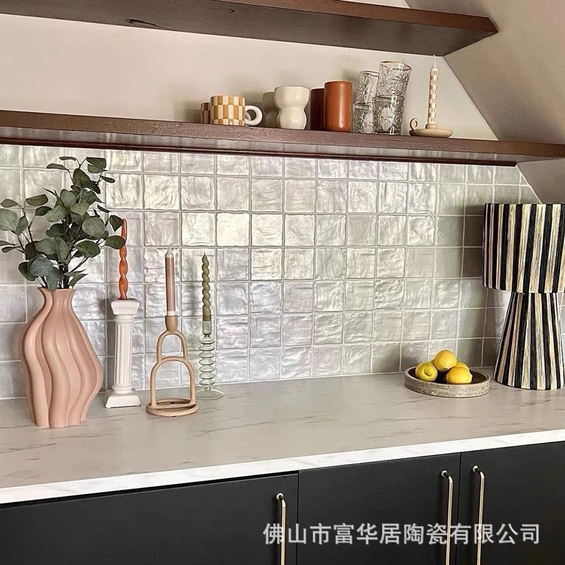 Nordic minimalist handmade ceramic tiles, pearl glazed ceramic tiles, shell gloss milky white bathroom kitchen wall tiles, dining table background wall