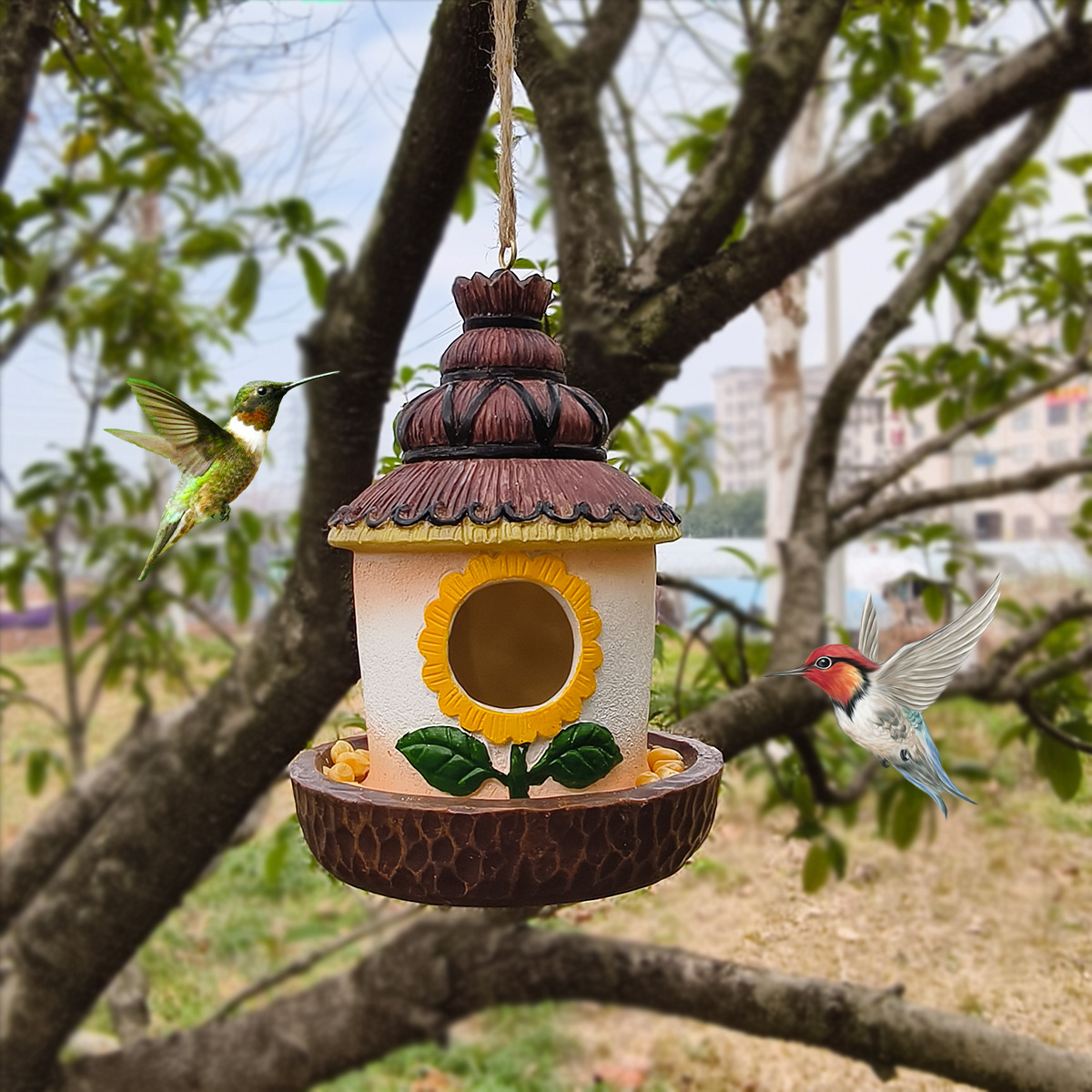 Cross border resin hummingbird house decoration garden courtyard haystack bird house resin handicrafts ornaments natural bird nest feeding