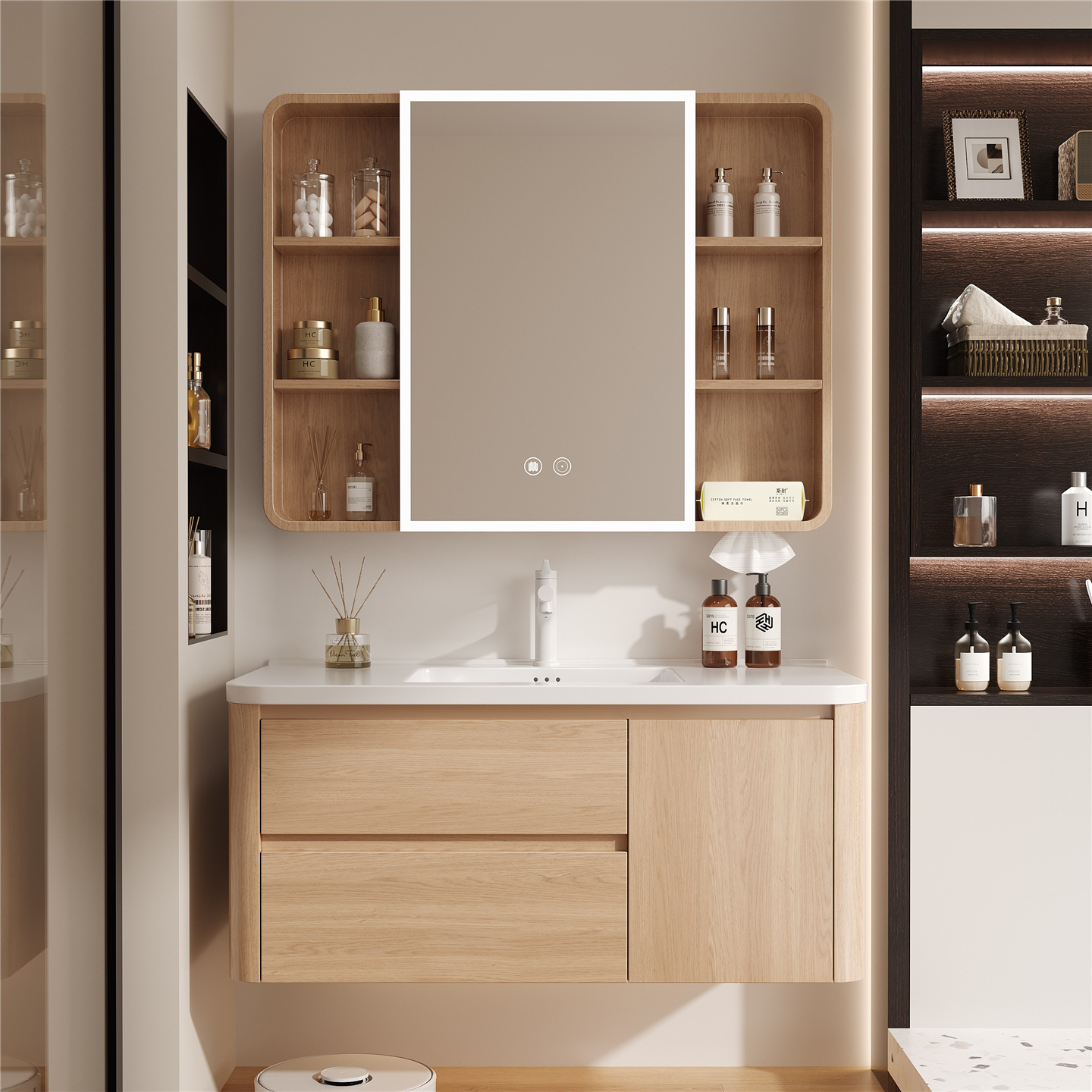 Wooden color Japanese style space aluminum honeycomb curved bathroom cabinet combined with ceramic integrated washbasin, washbasin, and washbasin