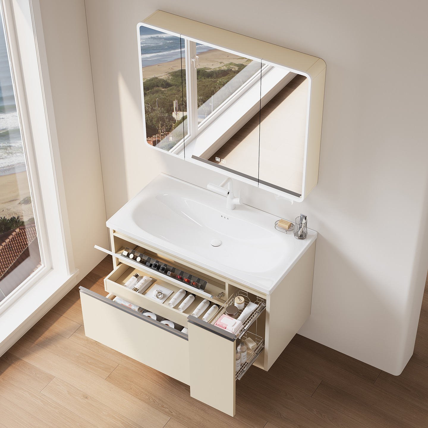 Xiaohongshu's same cream washbasin basket space aluminum bathroom cabinet ceramic washbasin integrated combination multifunctional