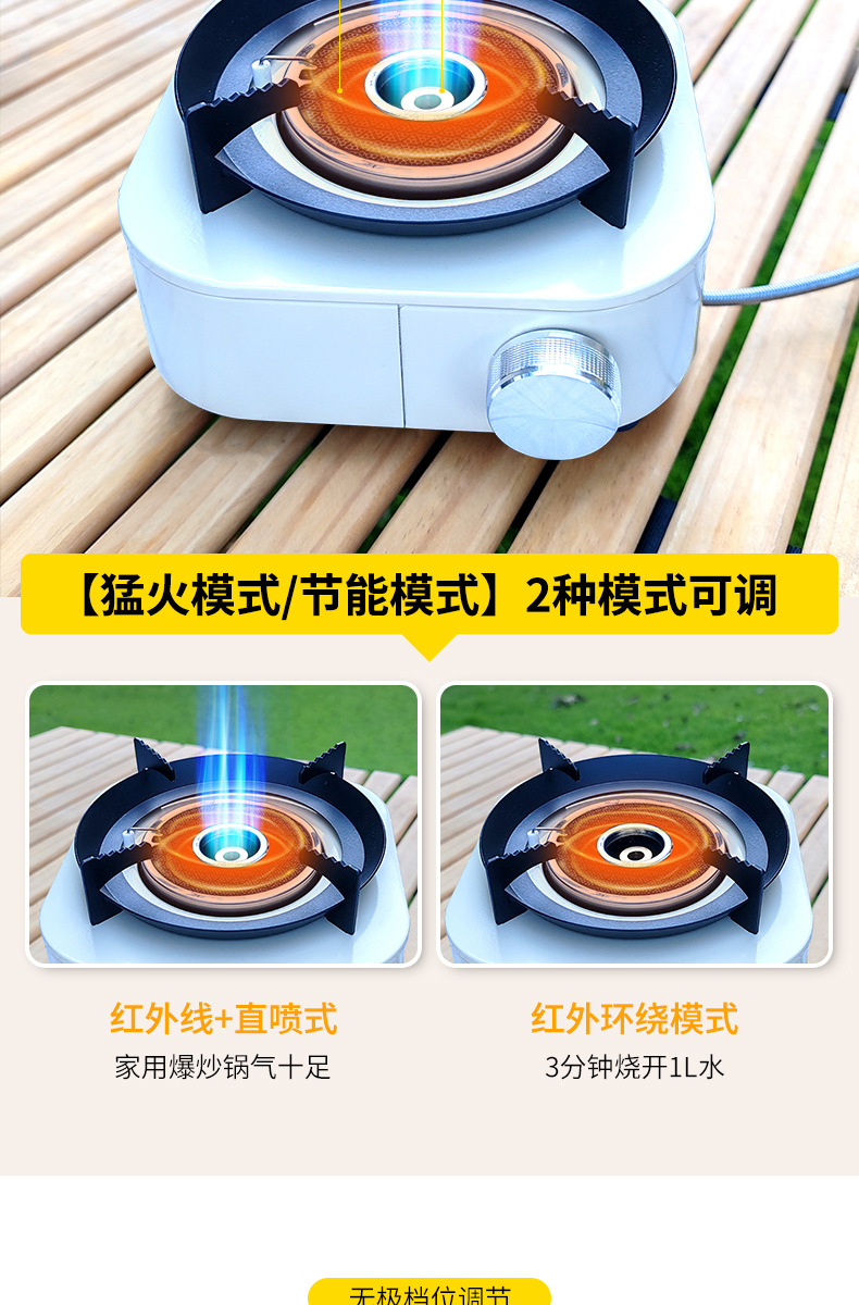 Outdoor portable gas stove, infrared energy-saving and windproof split type card stove, camping hot pot barbecue and tea boiling stove