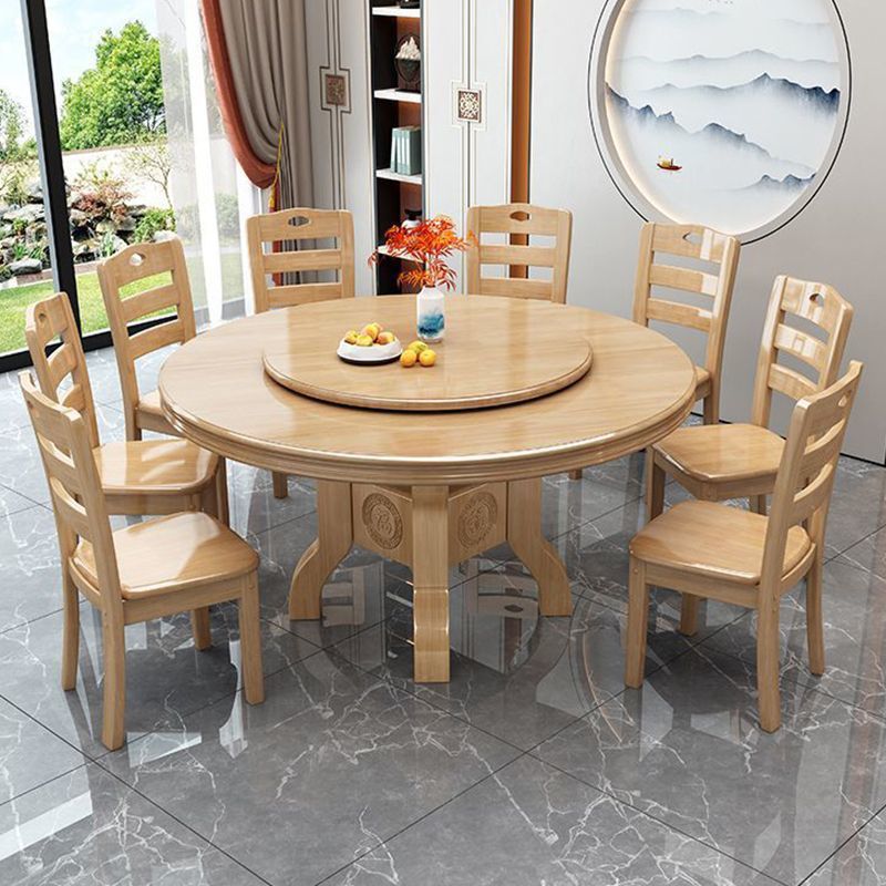 Chinese solid wood round table dining table, household solid wood induction cooker dining table turntable combination, hotel carved round dining table dining table