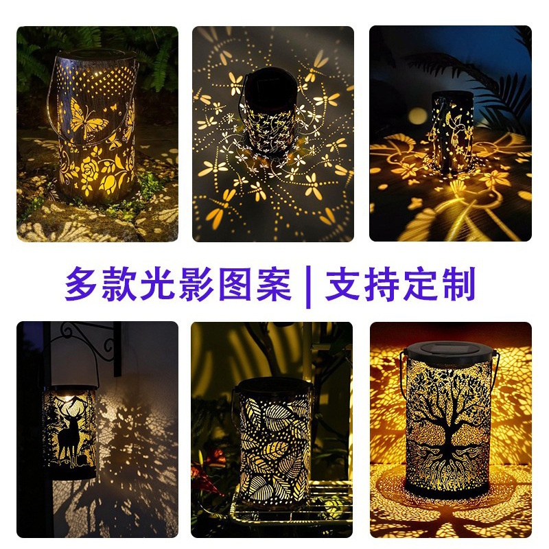 太阳能铁艺灯笼镂空庭院灯3D动态投影定时遥控户外庭院花园装饰灯