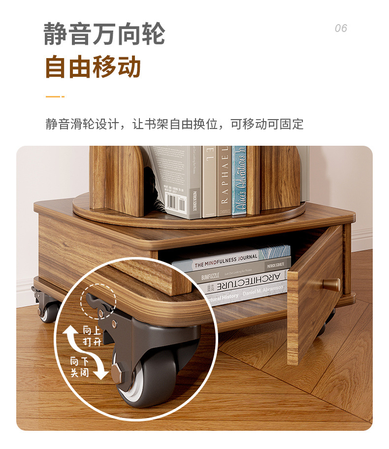 360 degree rotating bookshelf, floor standing storage rack, picture book rack, household student portable bookshelf with wheels, easy to move
