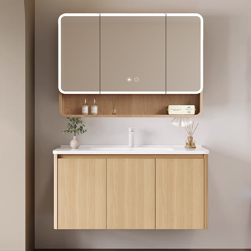 Wood colored honeycomb aluminum bathroom cabinet, mirror cabinet, combination of circular arc angle ceramic integrated basin, washbasin, sink, and wash basin