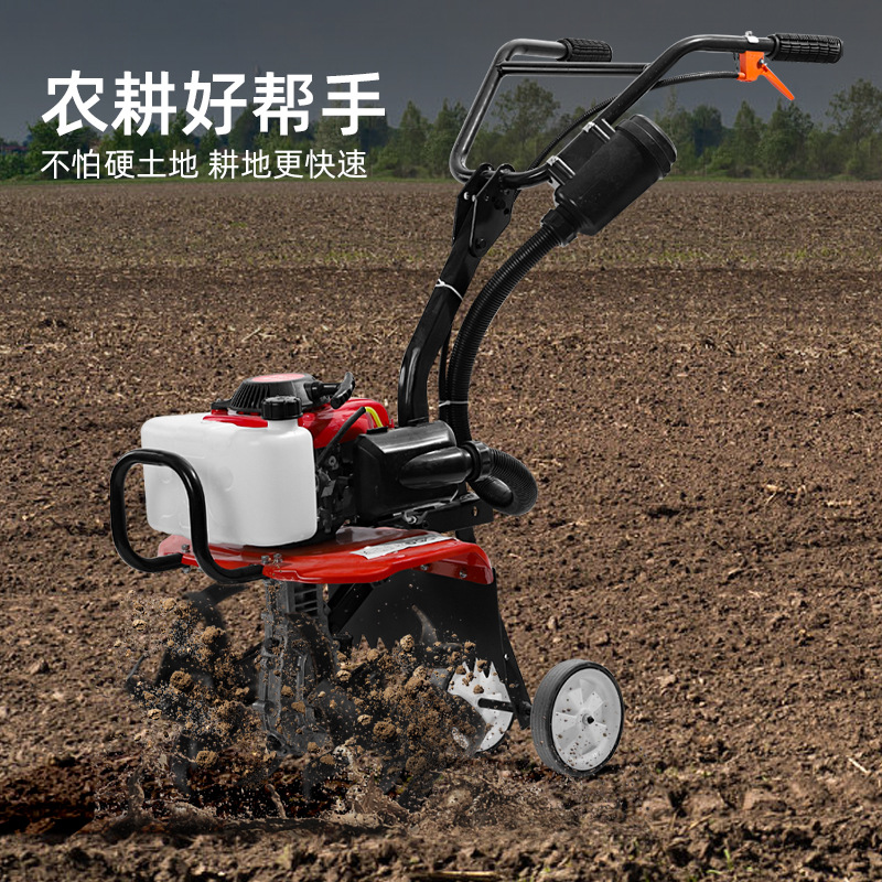 New mini tiller, small, energy-saving, and fuel-efficient four stroke soil loosening paddy field hoeing and trenching machine, land turning and land reclamation rotary tiller