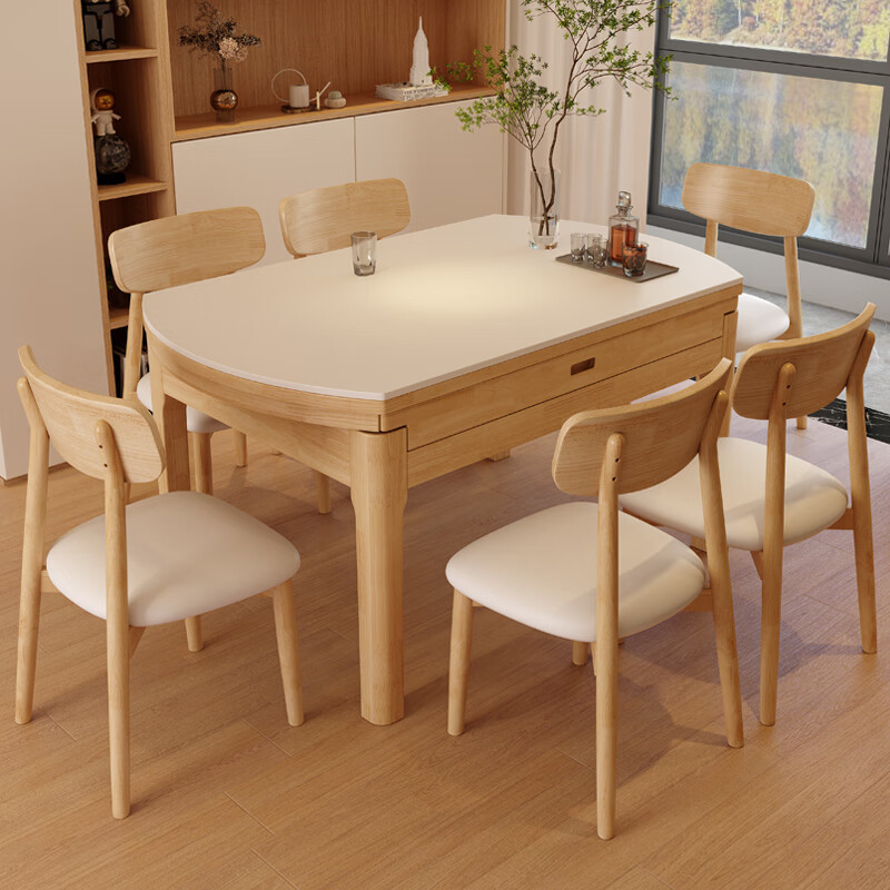 Solid wood rock board dining table and chair combination, modern and simple household small unit, extendable and foldable dining table, induction cooker, round table