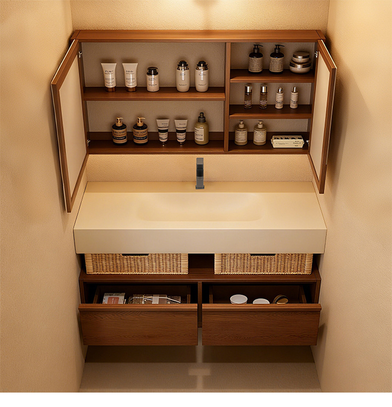 Middle ancient style rock board hot bending integrated basin hotel style bathroom cabinet Moganshan multi-layer solid wood washbasin basin cabinet combination