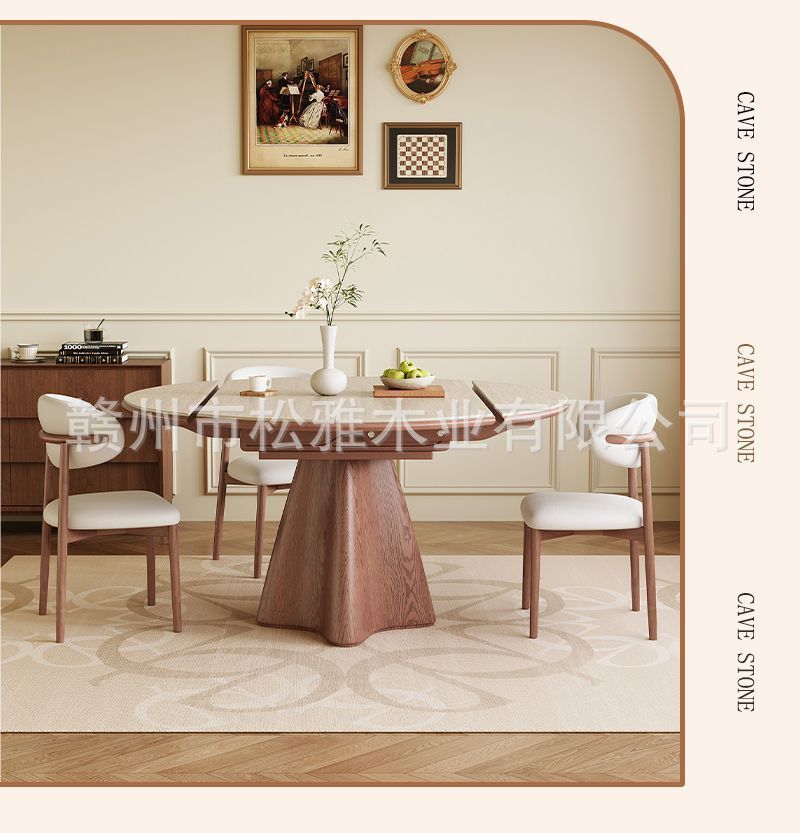 Cave stone rock board solid wood telescopic dining table, circular antique style, household small unit variable round table, wabi sabi folding dining table