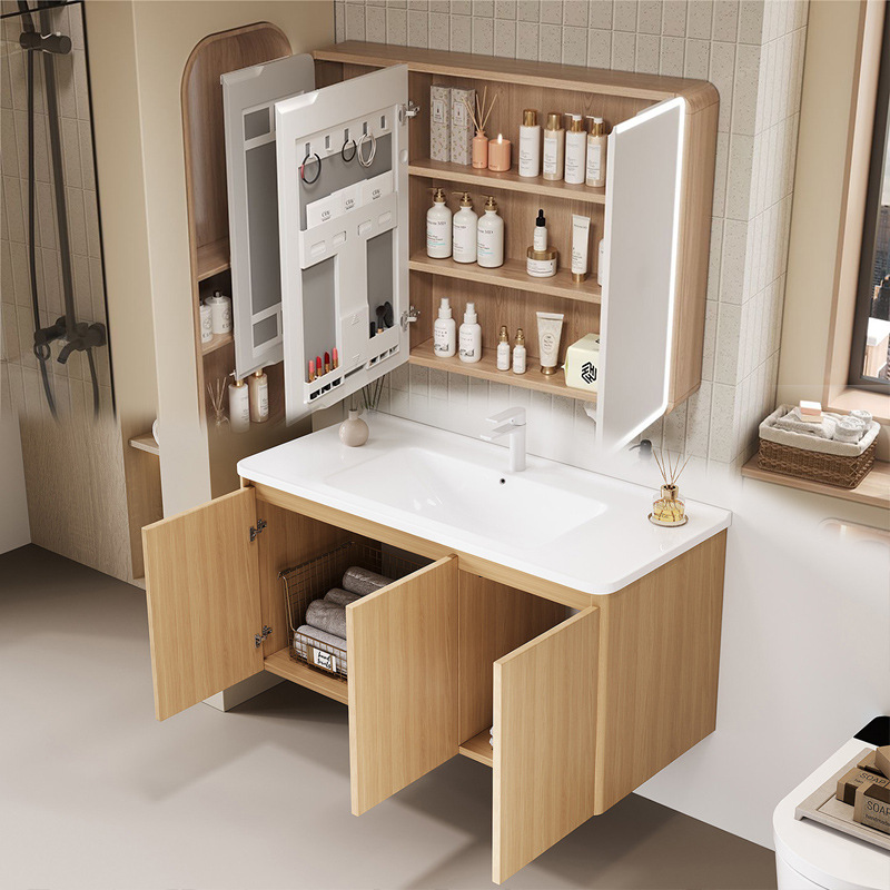 Wood colored honeycomb aluminum bathroom cabinet, mirror cabinet, combination of circular arc angle ceramic integrated basin, washbasin, sink, and wash basin
