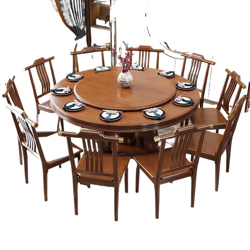 New Chinese style solid wood dining table, chairs, circular dining table, household dining table, round table with turntable, restaurant induction cooker, large round table