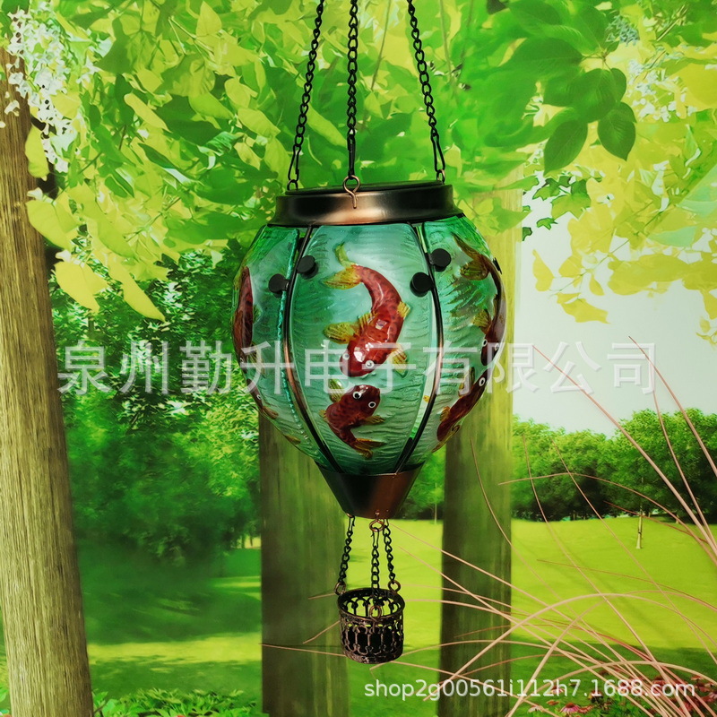 新款太阳能热气球灯水滴灯户外铁艺玻璃吊灯跨境花园装饰灯庭院灯