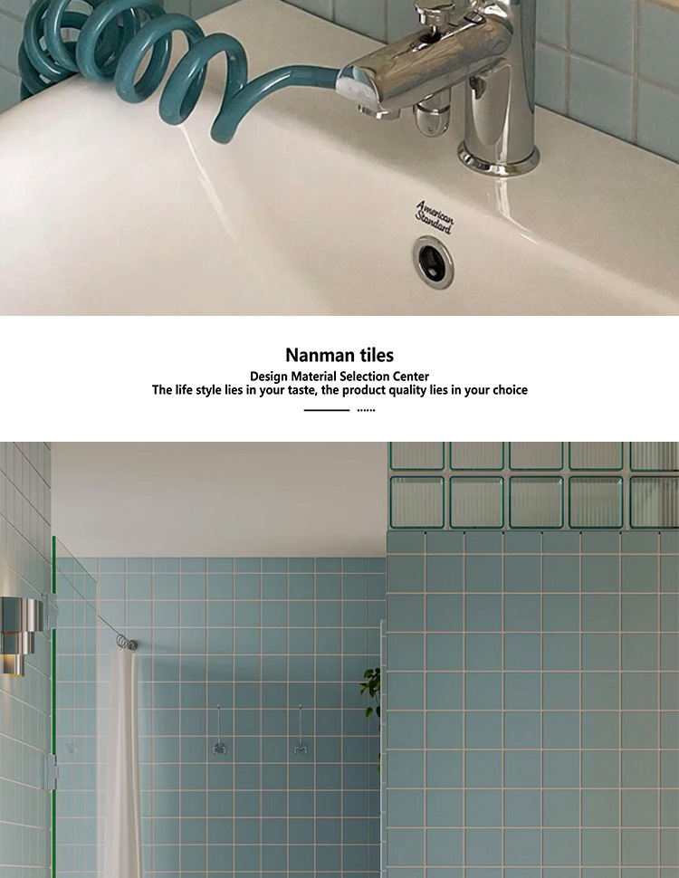 Sky blue checkered mosaic tiles, Japanese style bathroom, kitchen, bathroom wall tiles, creamy beige square tiles