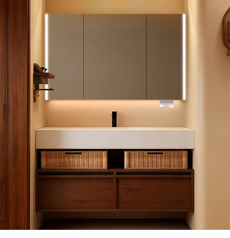 Middle ancient style rock board hot bending integrated basin hotel style bathroom cabinet Moganshan multi-layer solid wood washbasin basin cabinet combination