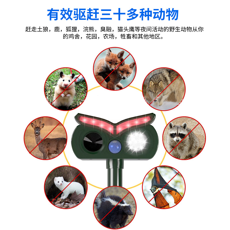 Solar powered rodent repellent outdoor garden farm specific animal repellent ultrasonic infrared induction explosive flash repellent