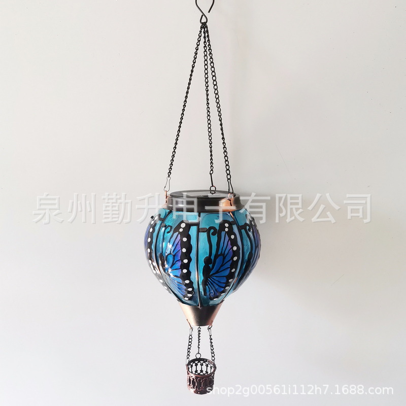 新款太阳能热气球灯水滴灯户外铁艺玻璃吊灯跨境花园装饰灯庭院灯