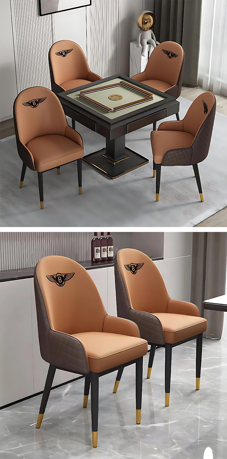 Italian minimalist metal mahjong hall chairs, dining chairs, sedentary backrests, hotel restaurant furniture, leather high backrests