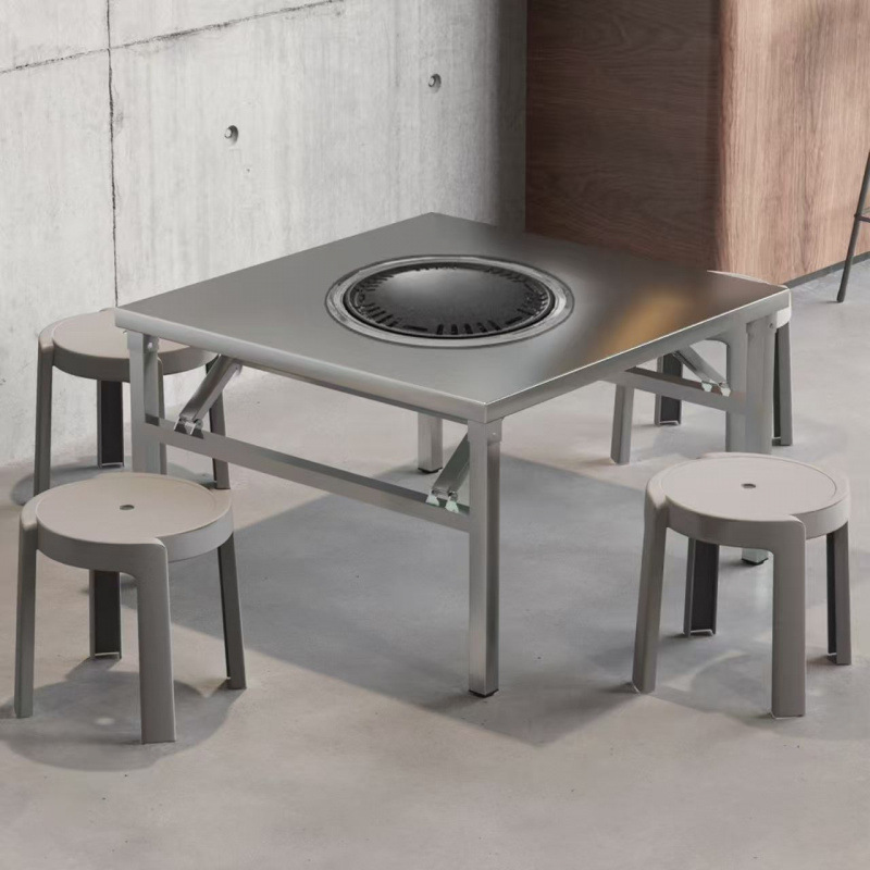 Stainless steel integrated hot pot table, induction cooker, barbecue Korean style stove, restaurant foldable storage square table, folding table