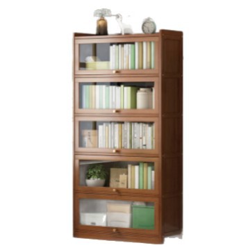 Bookshelf storage rack, floor standing bookshelf with door, multi-layer dust-proof bamboo storage rack, living room simple display storage rack