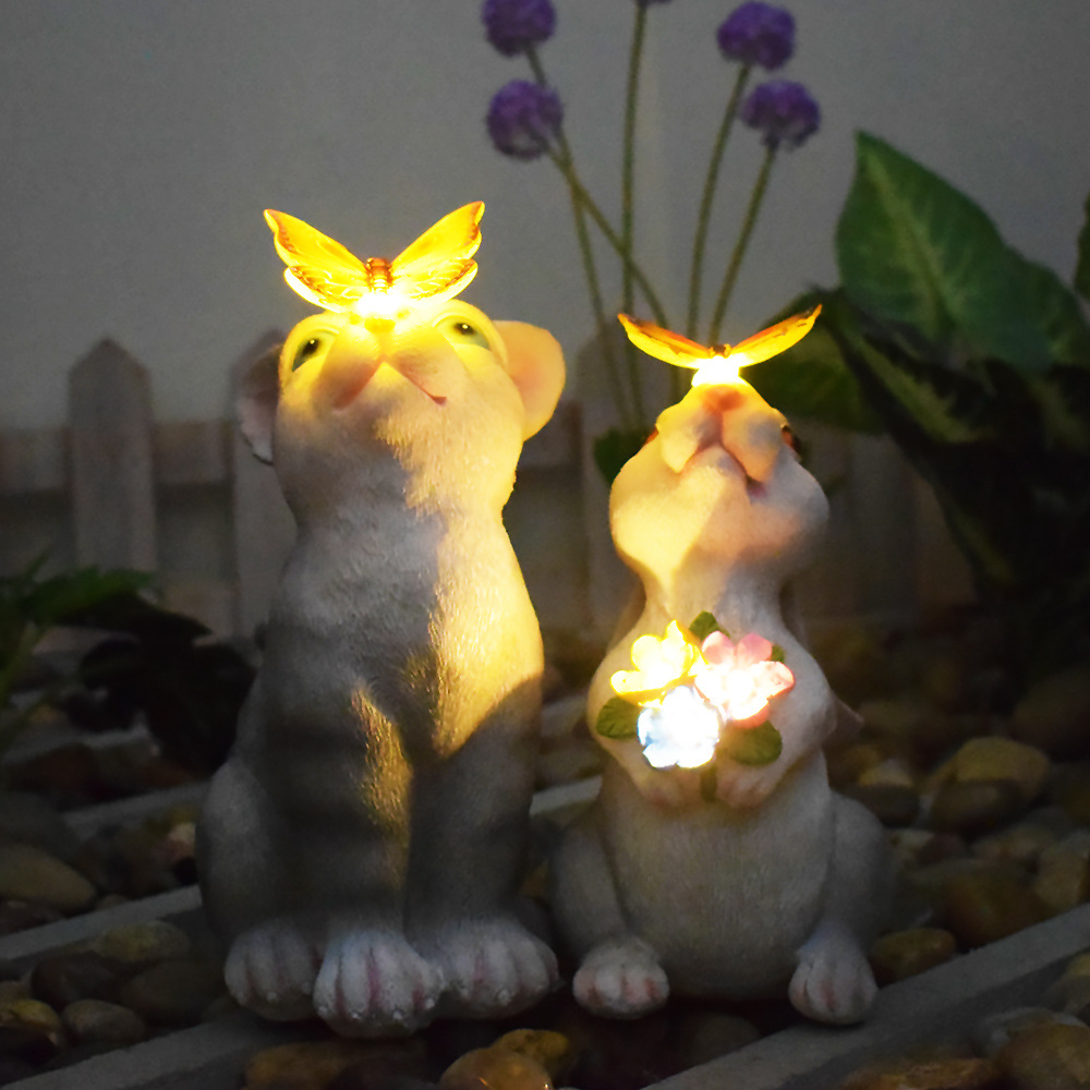 Outdoor solar powered luminous cat and rabbit shaped lamp, creative resin ornament, courtyard landscape garden decoration lamp