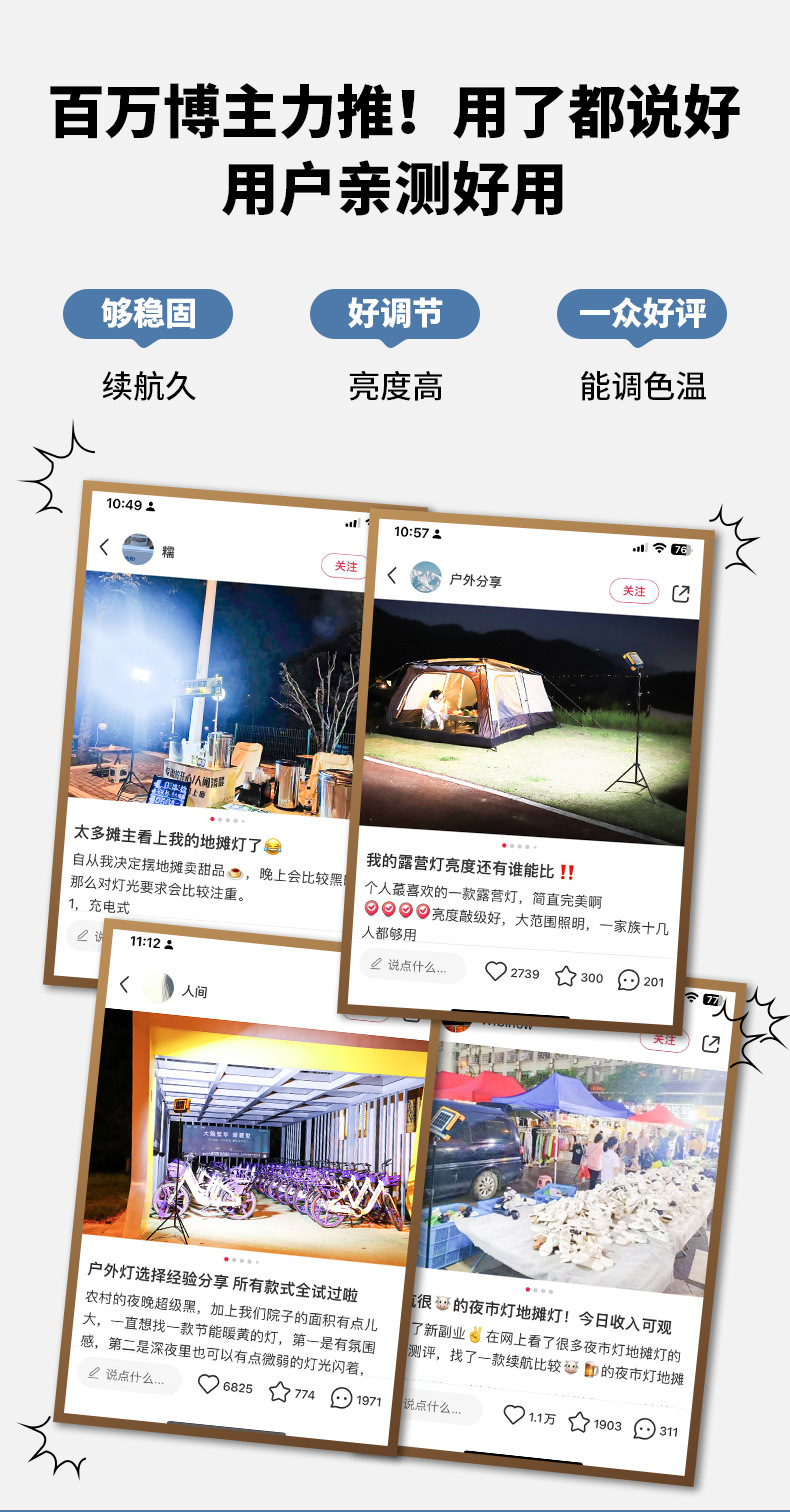 Camping lights, outdoor solar charging camping lights, LED lighting, household emergency stall lights, night market stall lights
