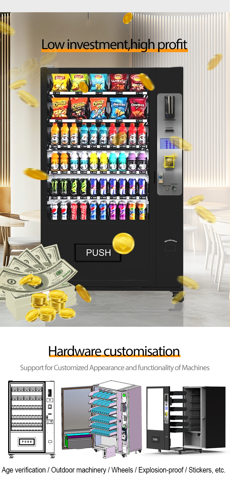 Export vending machine with 24-hour cooling, beverage vending machine, snack vending machine, self-service vending machine