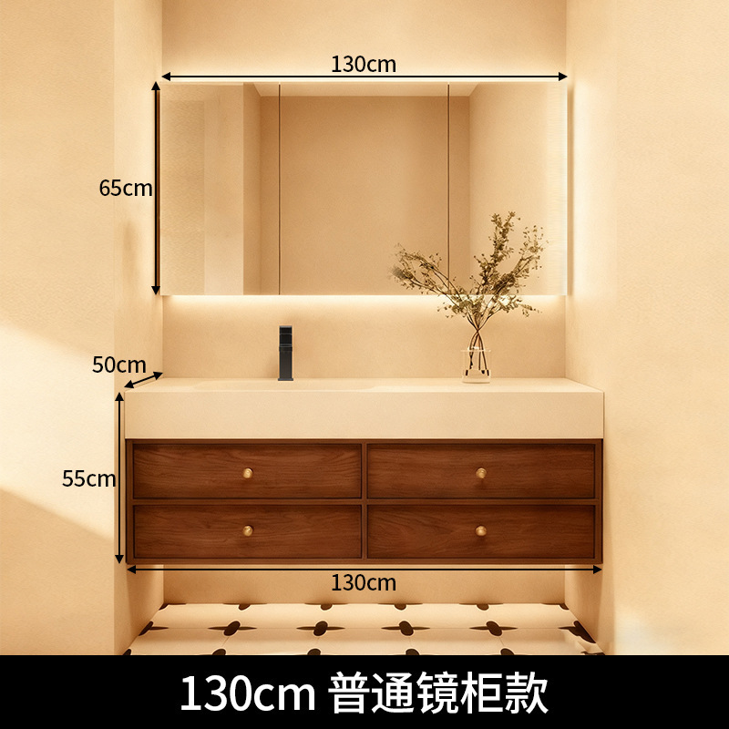 鑫梓枫中古风骨骼岩板一体盆浴室柜组合智能卫生间洗手盆洗脸盆可