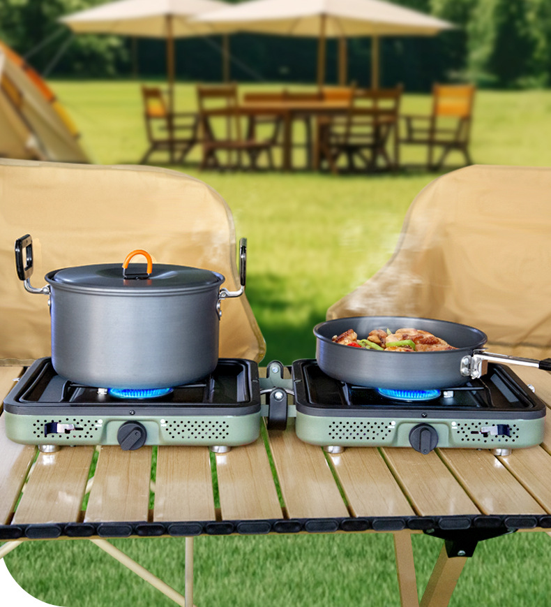 Outdoor picnic, card stove, camping stove, folding and portable double head gas stove, picnic, barbecue, strong fire stove