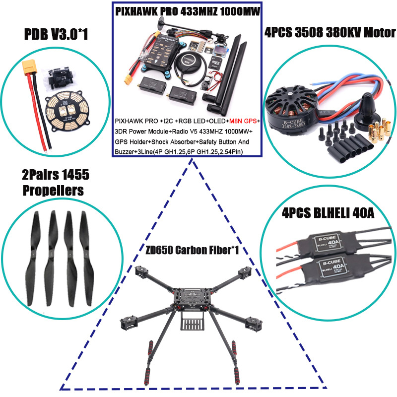 Bo Cube Carbon Fiber ZD650 Four Axis Aircraft Frame Pixhawk PRO V5 433MHZ 1000MW