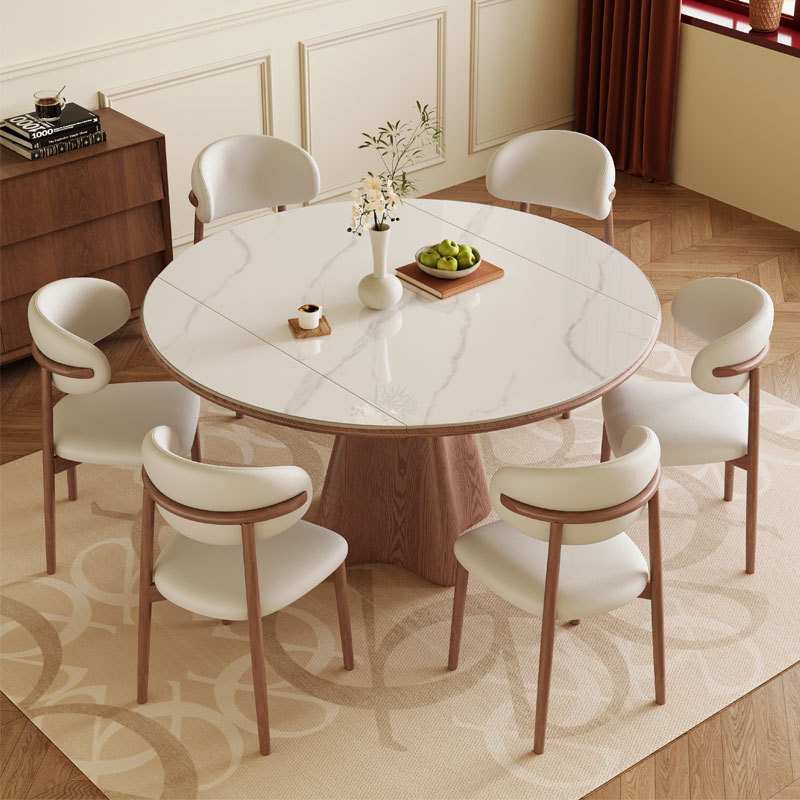 Cave stone rock board solid wood telescopic dining table, circular antique style, household small unit variable round table, wabi sabi folding dining table