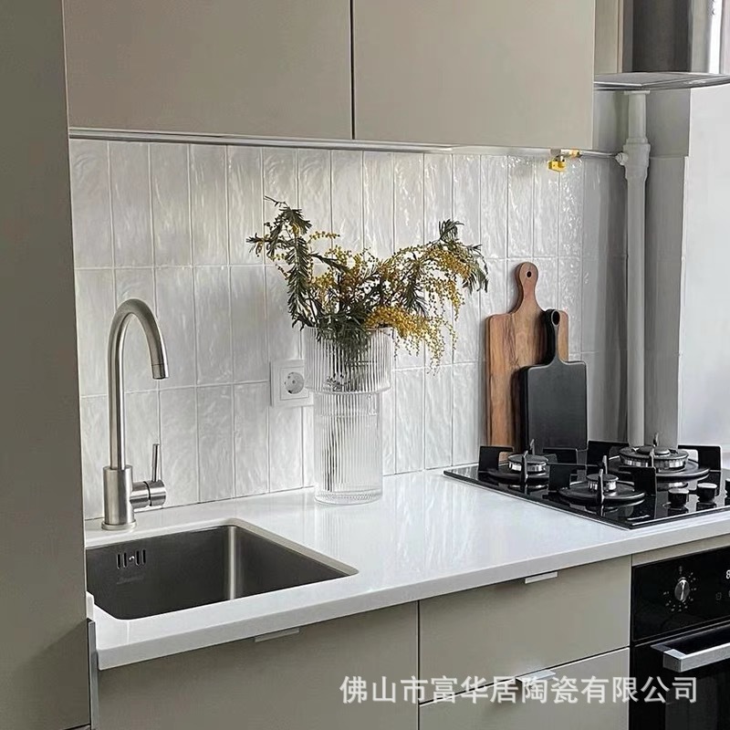 Nordic minimalist handmade ceramic tiles, pearl glazed ceramic tiles, shell gloss milky white bathroom kitchen wall tiles, dining table background wall