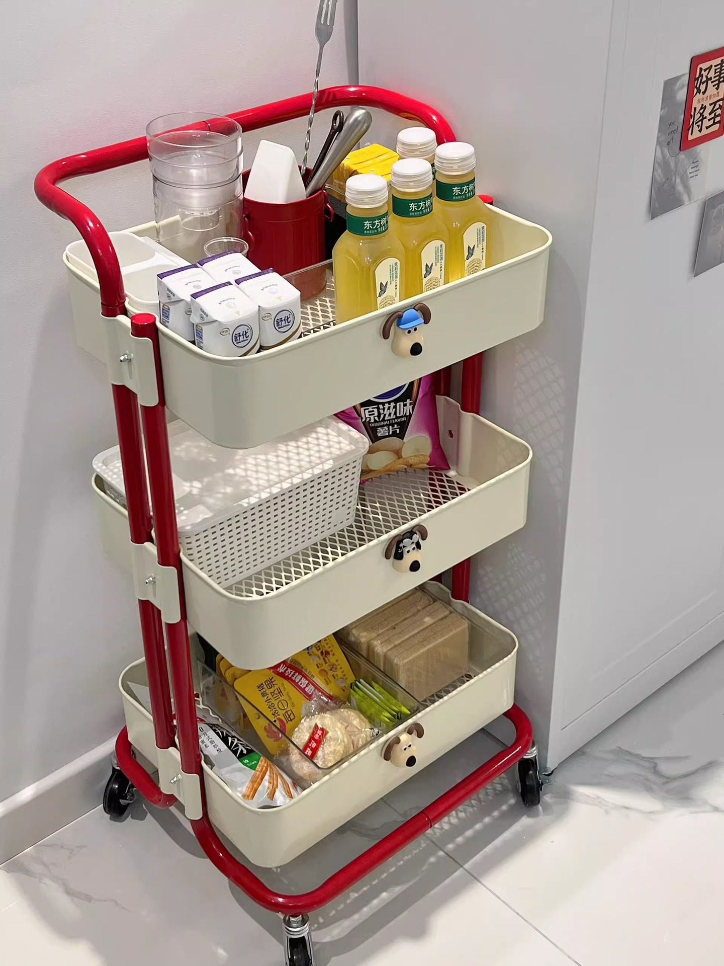 Small cart storage rack, floor standing multi-layer movable living room kitchen storage rack, dormitory snack storage cart wholesale
